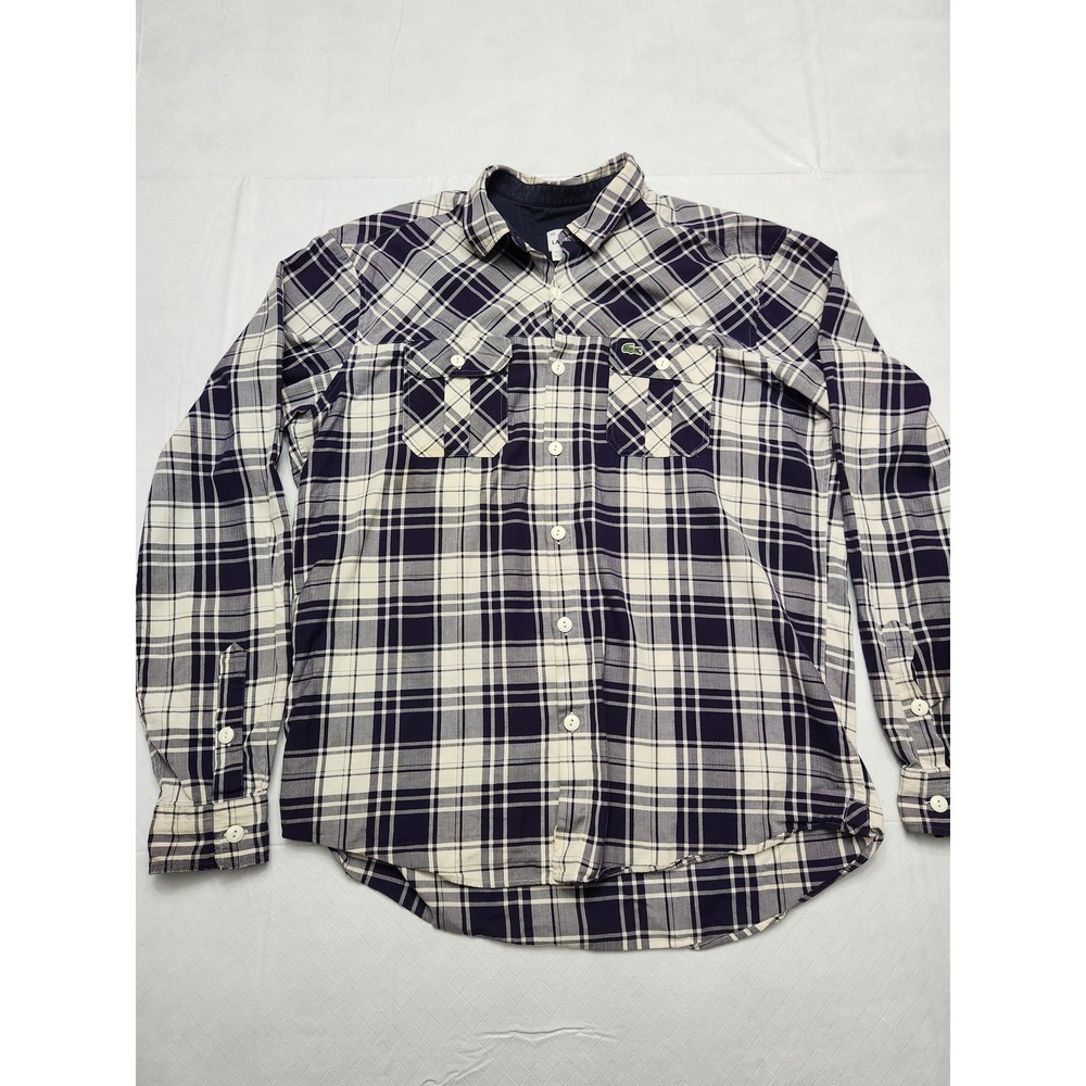 Lacoste Shirt Mens Large Blue White Plaid Button‎ Down Slim Fit Long Sleeve